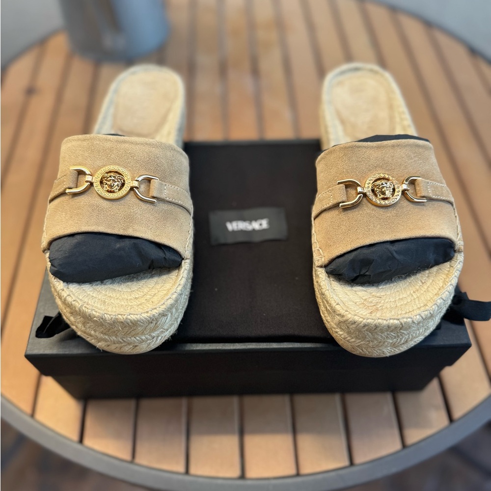 Versace Tan Espadrille Slides with Gold Accent